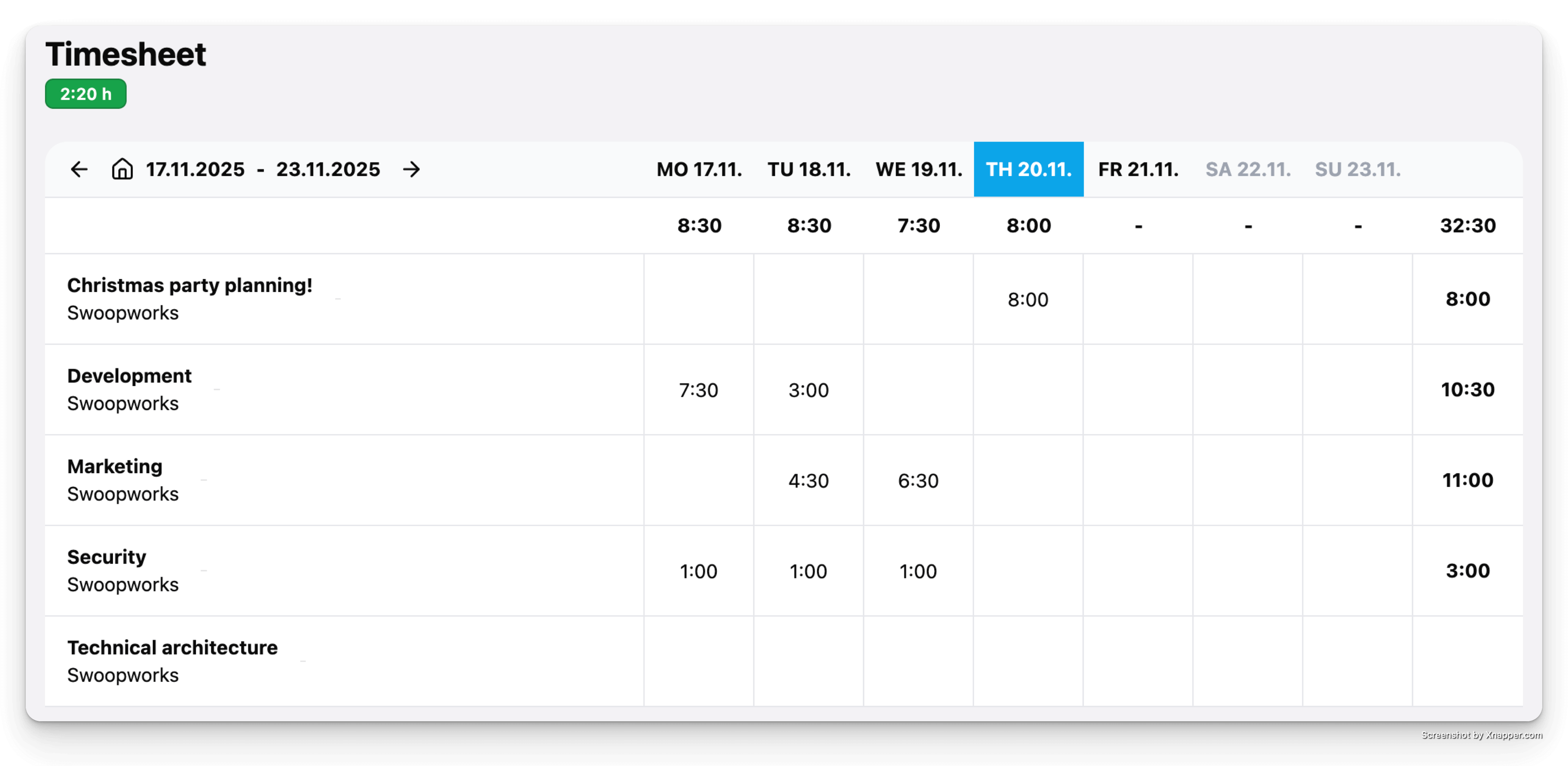 Swoopworks time tracking week view
